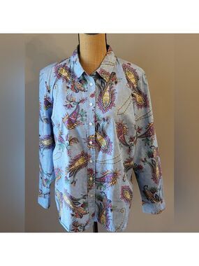 Talbots XLP Blue Paisley Cotton Button-up Blouse